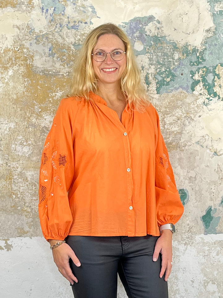 Bluse mit Stickerei, orange