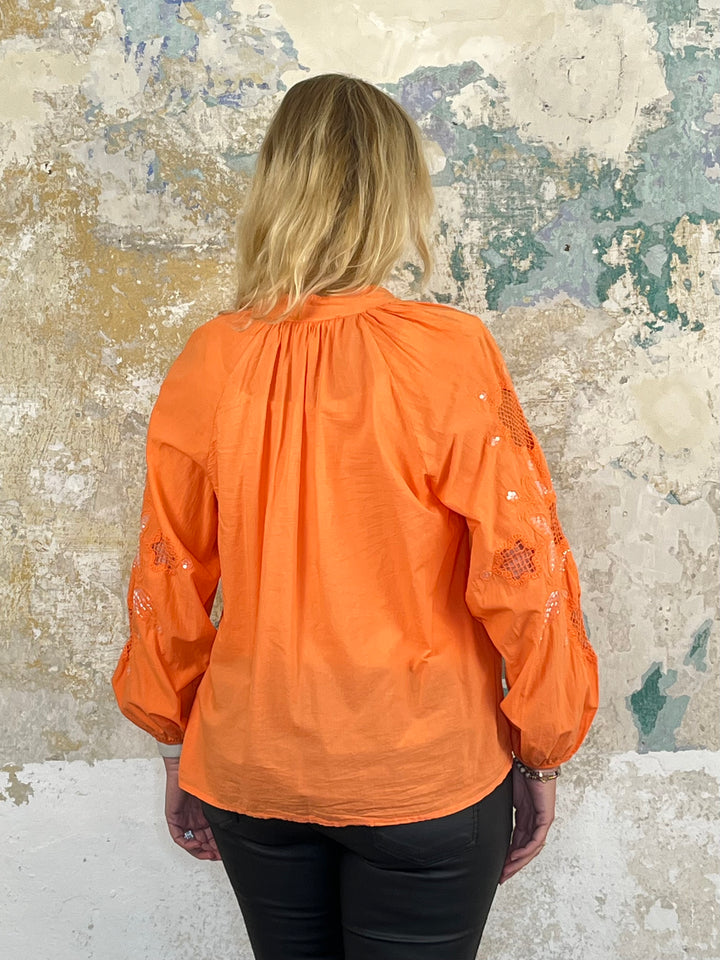 Bluse mit Stickerei, orange