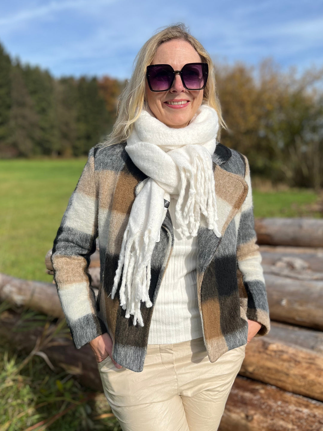 Woll-Blazer, kariert, beige-ecru von Bella Vita - Mode & Lifestyle