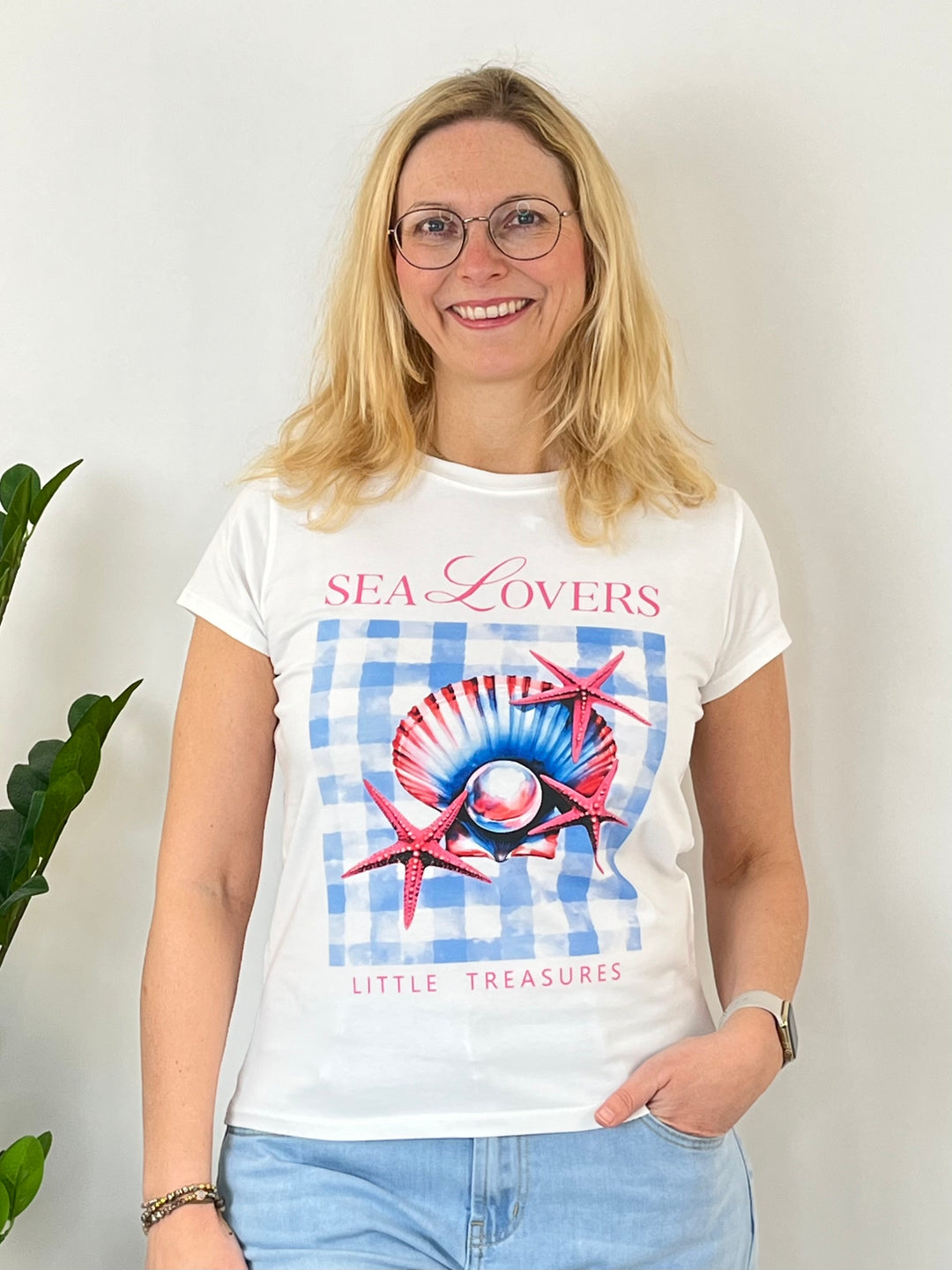 T-Shirt "Sea Lovers", weiß-hellblau-rosa von Bella Vita - Mode & Lifestyle