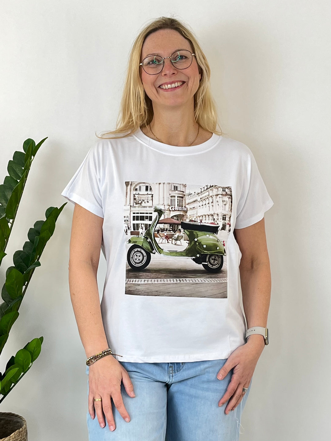 T-Shirt Vespa mit Glitzersteinchen, khaki von Bella Vita - Mode & Lifestyle