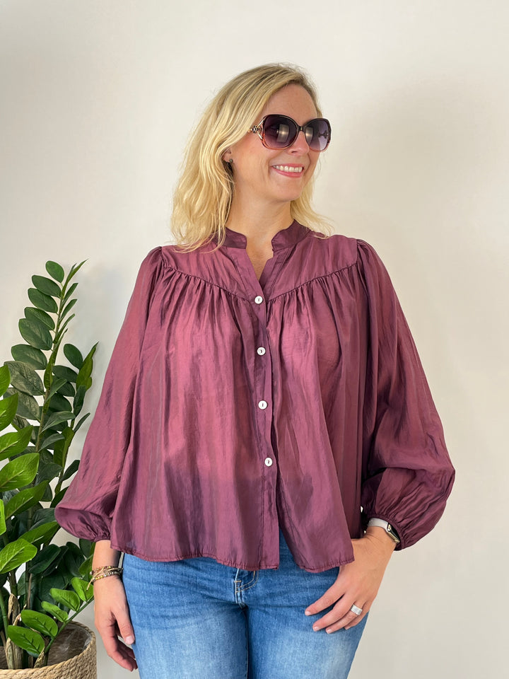 Blusa oversize con collo alto, bordeaux