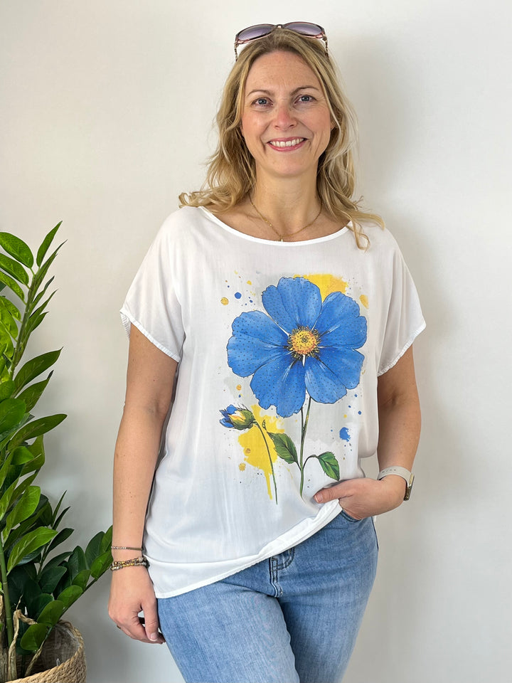 Shirt „Flower“ mit Glitzersteinchen, blau von Bella Vita - Mode &amp; Lifestyle