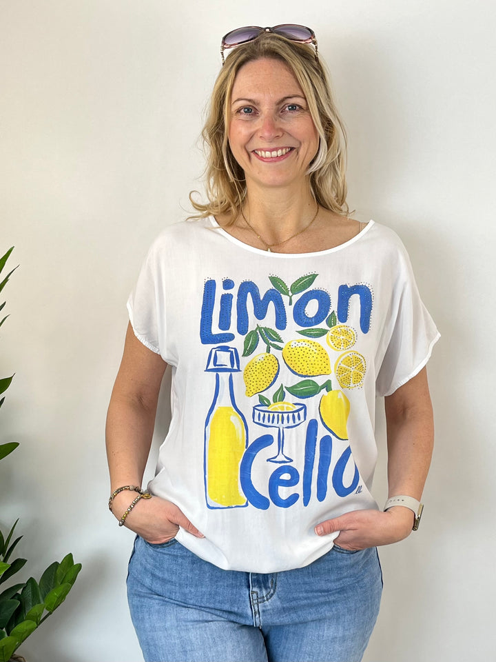 Shirt „Limoncello“ mit Glitzersteinchen, blau-gelb von Bella Vita - Mode & Lifestyle