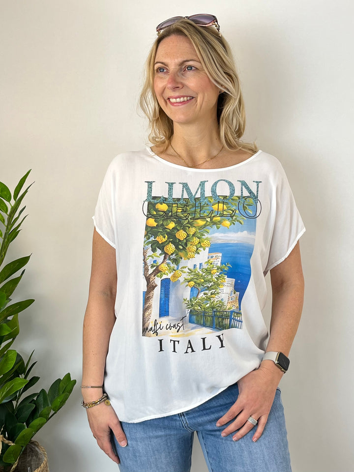 Shirt „Amalfi Coast“ mit Glitzersteinchen, blau-gelb von Bella Vita - Mode & Lifestyle