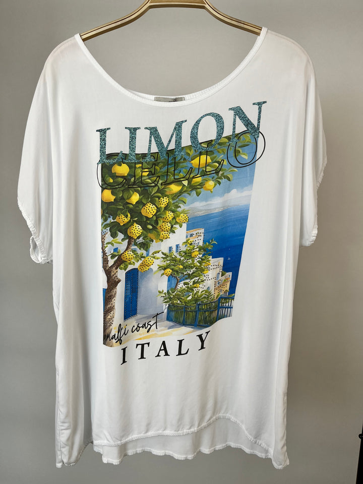 Shirt „Amalfi Coast“ mit Glitzersteinchen, blau-gelb von Bella Vita - Mode & Lifestyle