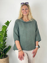 Leinenbluse mit weitem Kragen, khaki von Bella Vita - Mode & Lifestyle