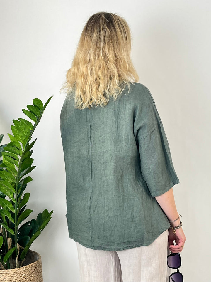 Leinenbluse mit weitem Kragen, khaki von Bella Vita - Mode &amp; Lifestyle