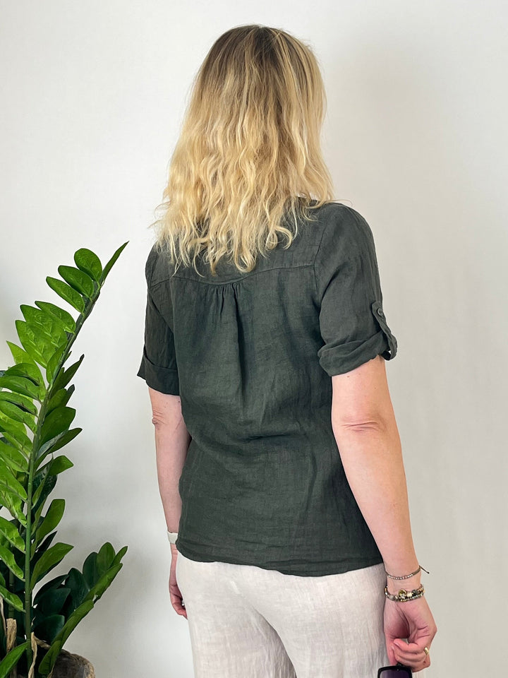 Leinen-Bluse mit Zierbordüre, khaki von Bella Vita - Mode &amp; Lifestyle