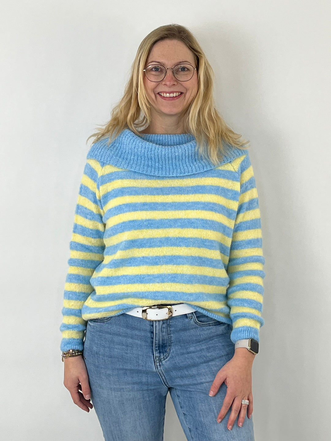 Ringelpulli mit weitem Kragen, blau-gelb von Bella Vita - Mode & Lifestyle