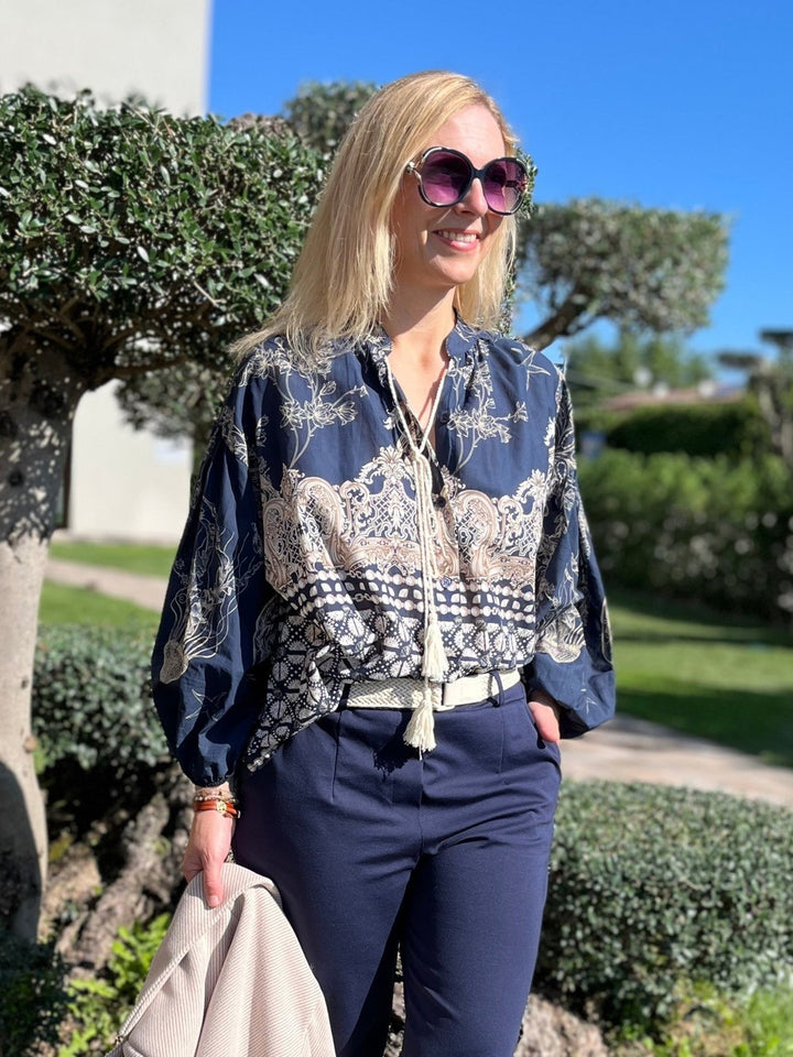 Druckbluse, marine-ecru