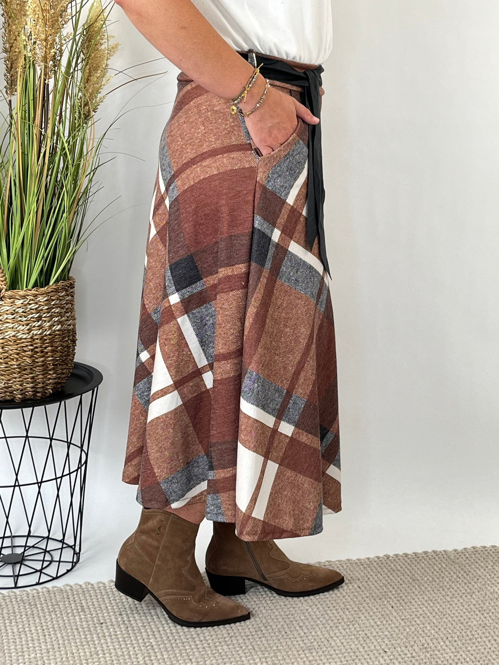 Cognac Karo Rock mit Flanelloptik und Seitenschlitz