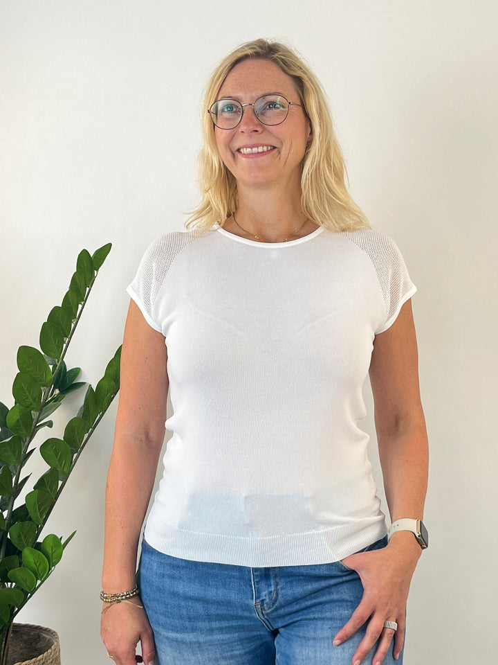 Kurzarm-Pullover mit Netzeinsatz oben Weiß One Size von Bella Vita - Mode &amp; Lifestyle