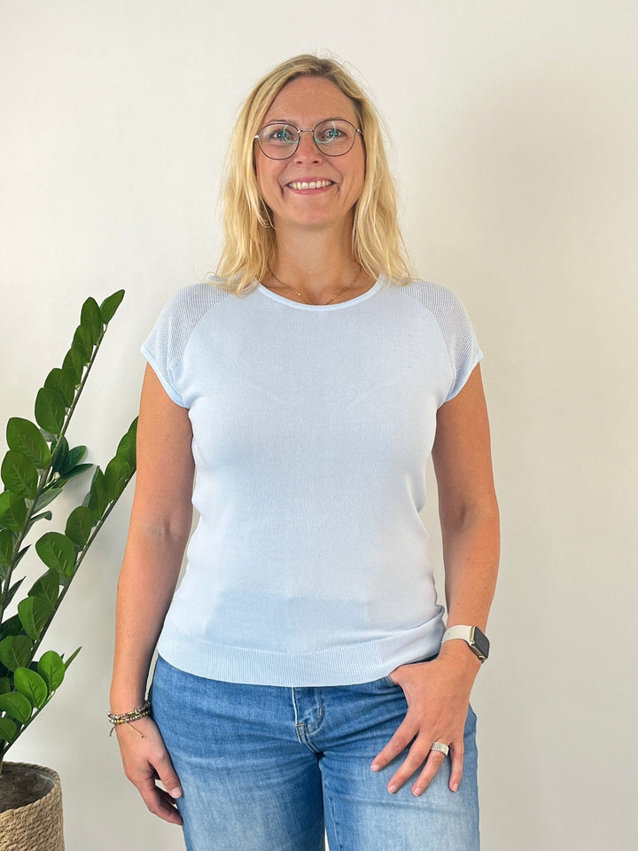 Kurzarm-Pullover mit Netzeinsatz oben Hellblau One Size von Bella Vita - Mode &amp; Lifestyle