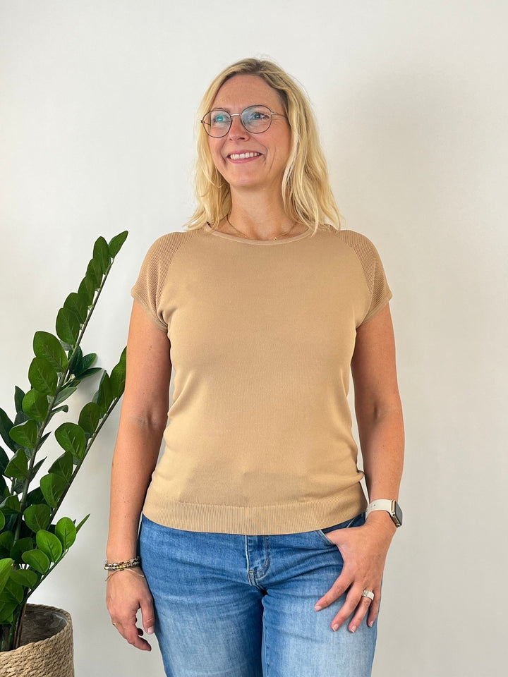 Kurzarm-Pullover mit Netzeinsatz oben Cognac One Size von Bella Vita - Mode &amp; Lifestyle