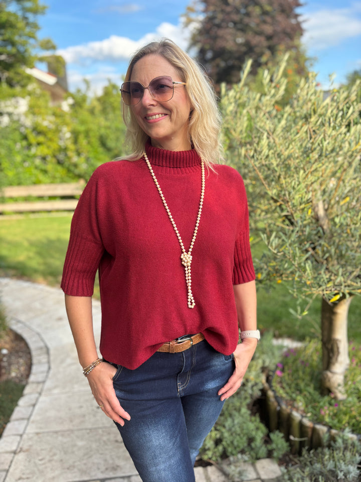 Kurzarm-Pullover mit Stehkragen, bordeaux