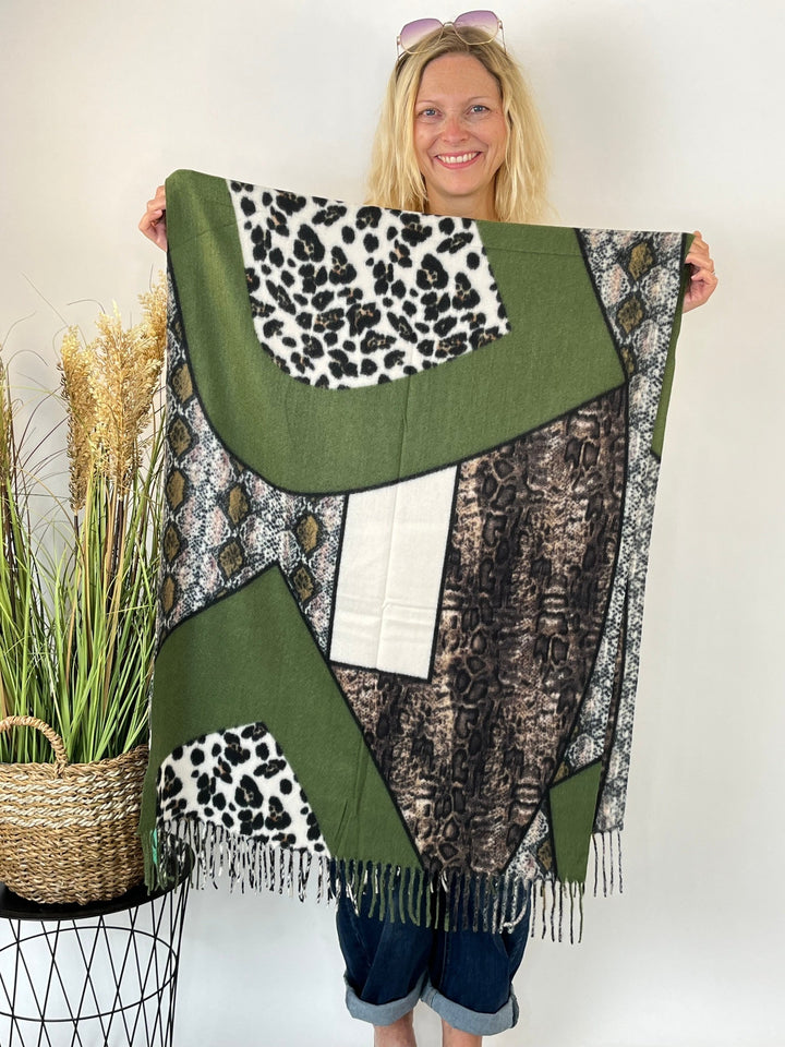 Khaki Animal Mix Kuschelschal mit Leoparden- und Schlangenprint aus Viskose
