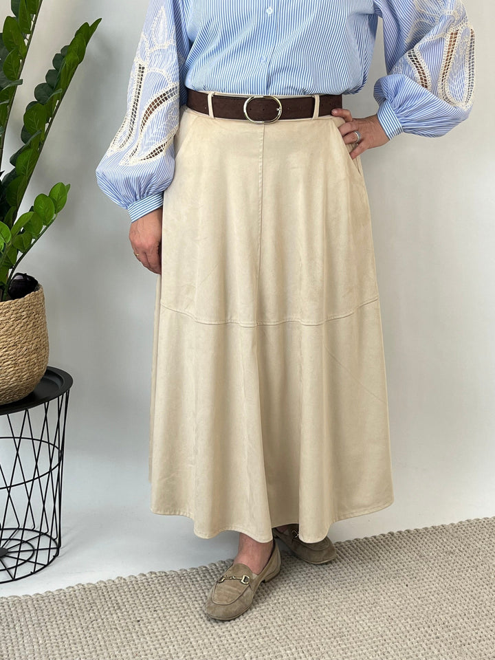 Beige faux suede A-line midi skirt with decorative brown belt and gold buckle