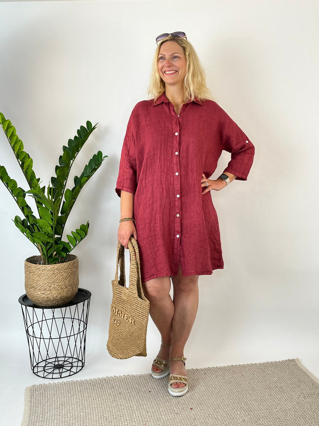 Leinen-Hemdblusenkleid, bordeaux von Bella Vita - Mode &amp; Lifestyle