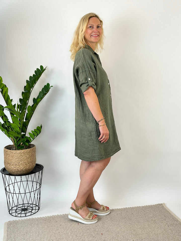 Leinen-Hemdblusenkleid, khaki von Bella Vita - Mode &amp; Lifestyle