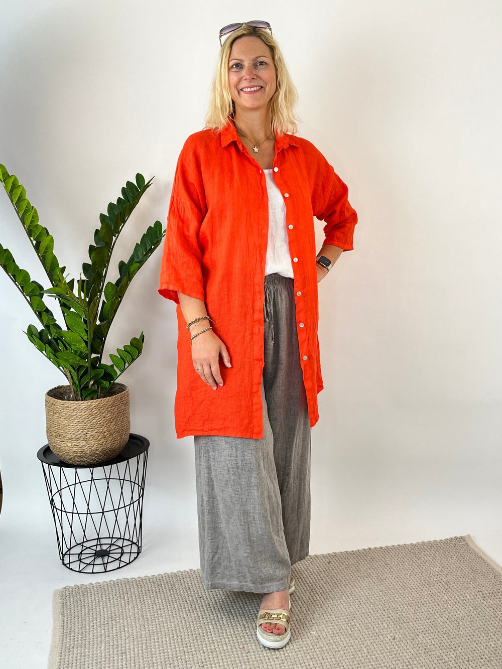 Leinen-Hemdblusenkleid, orange von Bella Vita - Mode & Lifestyle