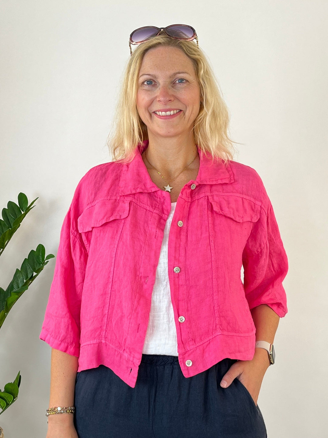 Leinen-Kurzjacke mit Armriegel, pink von Bella Vita - Mode &amp; Lifestyle