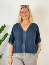 Leinenbluse mit Crochet-Bordüre, marine von Bella Vita - Mode & Lifestyle