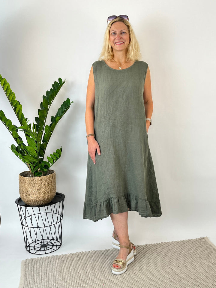 Leinenkleid mit Volantsaum, khaki von Bella Vita - Mode &amp; Lifestyle