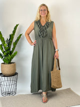 Maxikleid aus Viskose mit Rüschenausschnitt, khaki von Bella Vita - Mode & Lifestyle