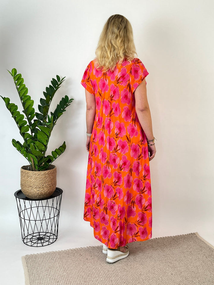 Maxikleid floral mit Glanzfaden, pink-orange von Bella Vita - Mode &amp; Lifestyle
