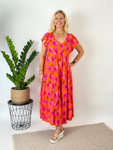 Maxikleid floral mit Glanzfaden, pink-orange von Bella Vita - Mode & Lifestyle