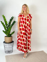 Maxikleid floral mit Glanzfaden, rot von Bella Vita - Mode & Lifestyle