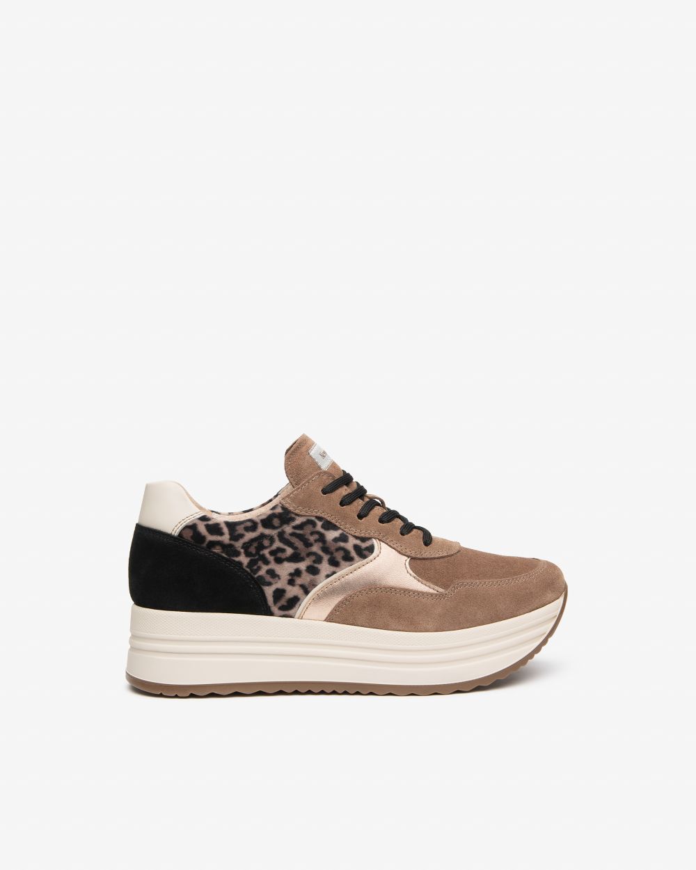 Taupe NeroGiardini Plateau-Sneaker Leo aus Veloursleder mit Leopardenmuster und Roségold-Akzent