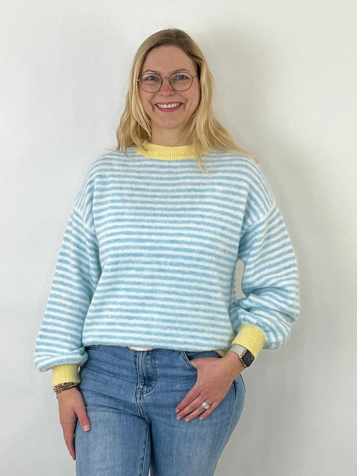 Pullover mit Kontrastbündchen blau-weiß-gelb von Bella Vita - Mode &amp; Lifestyle