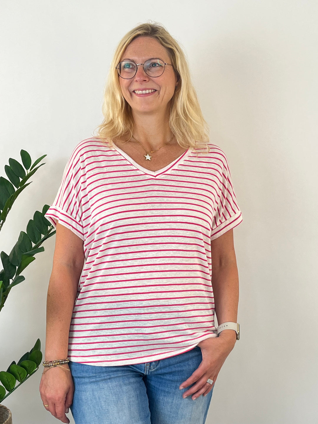 Striped shirt with V-neck