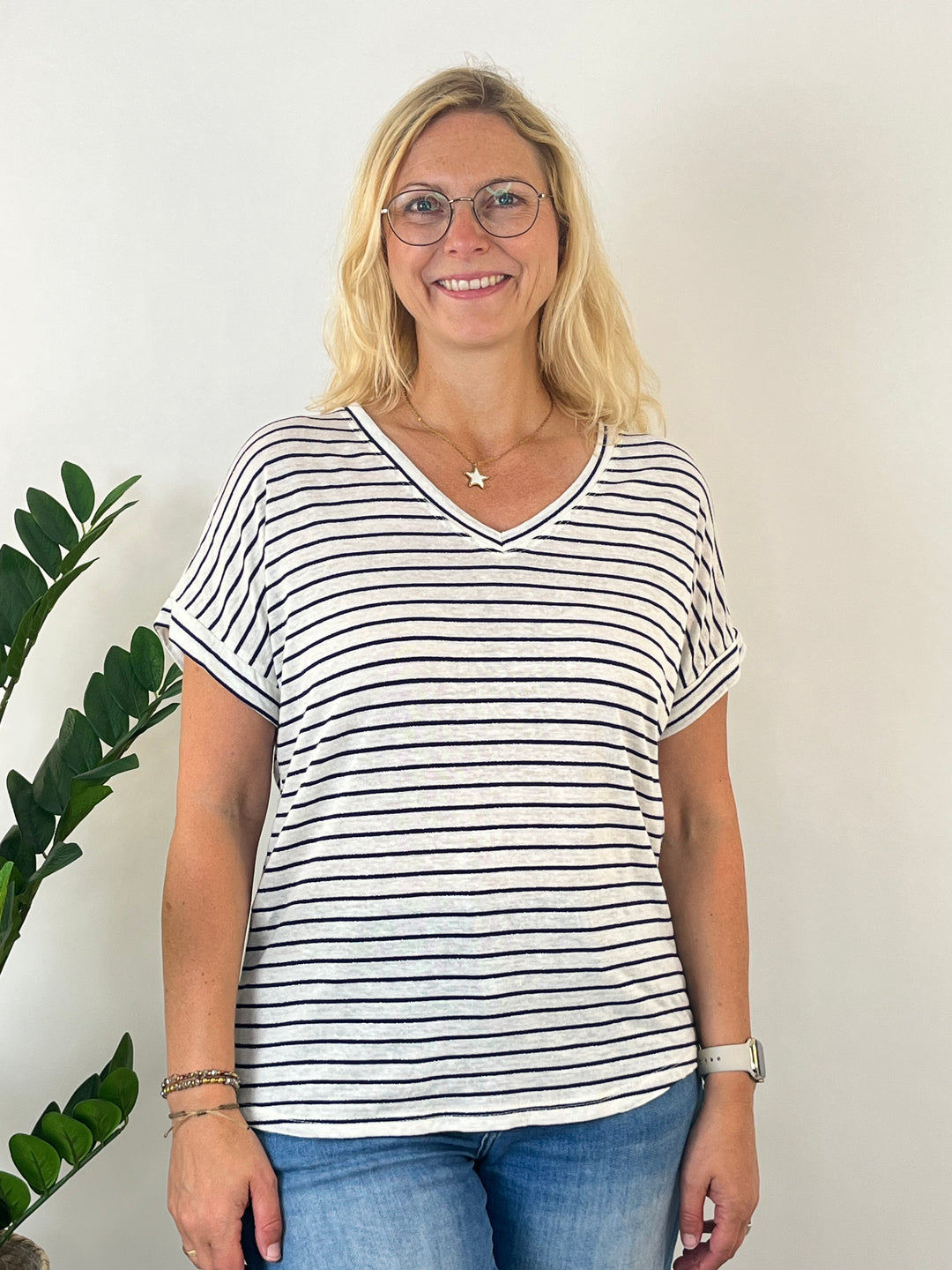 Striped shirt with V-neck