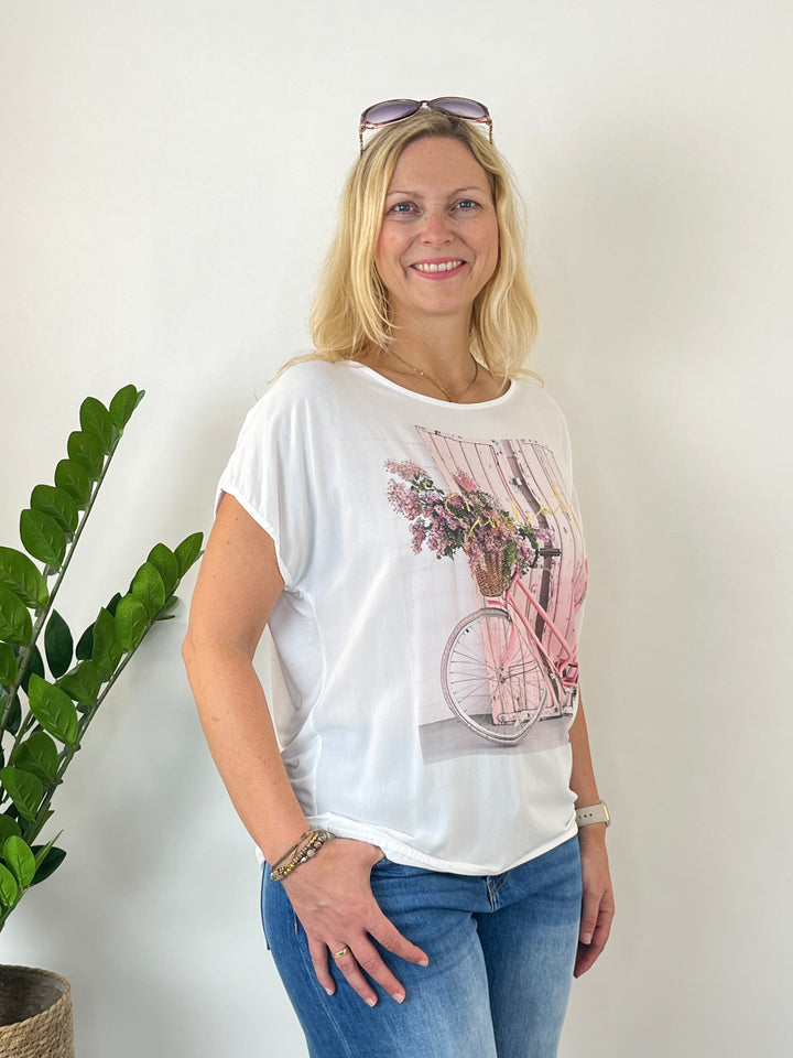 Shirt Flower Bike mit Glitzersteinchen, weiß-rosa von Bella Vita - Mode &amp; Lifestyle
