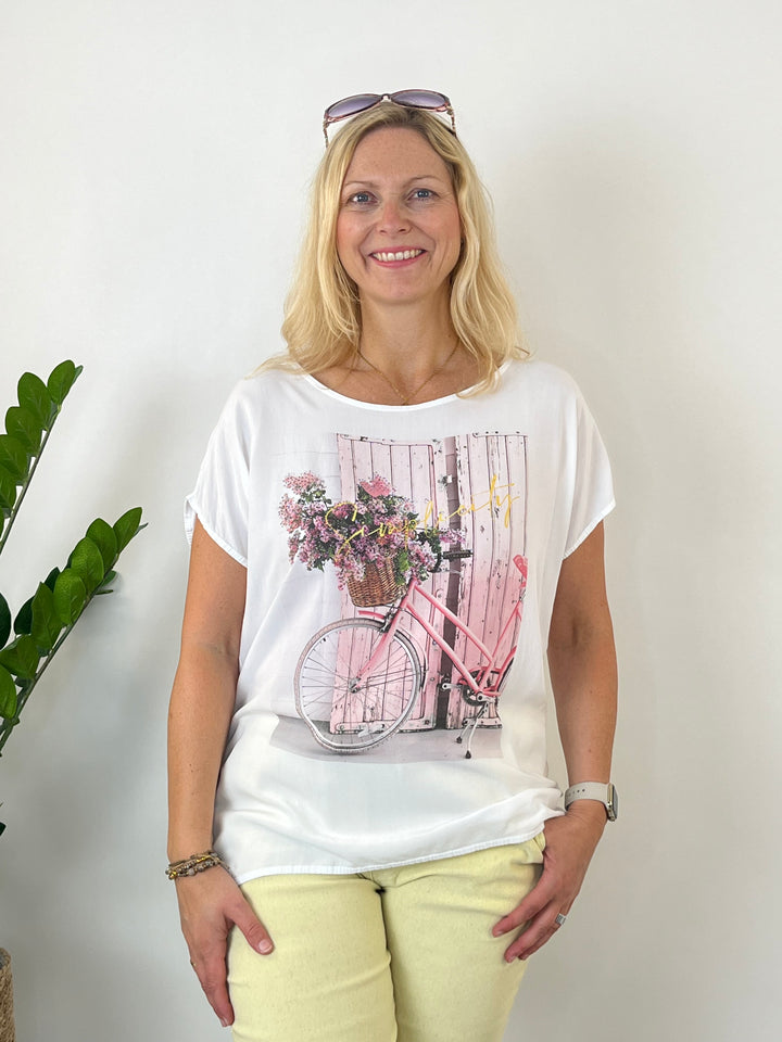 Shirt Flower Bike mit Glitzersteinchen, weiß-rosa von Bella Vita - Mode &amp; Lifestyle