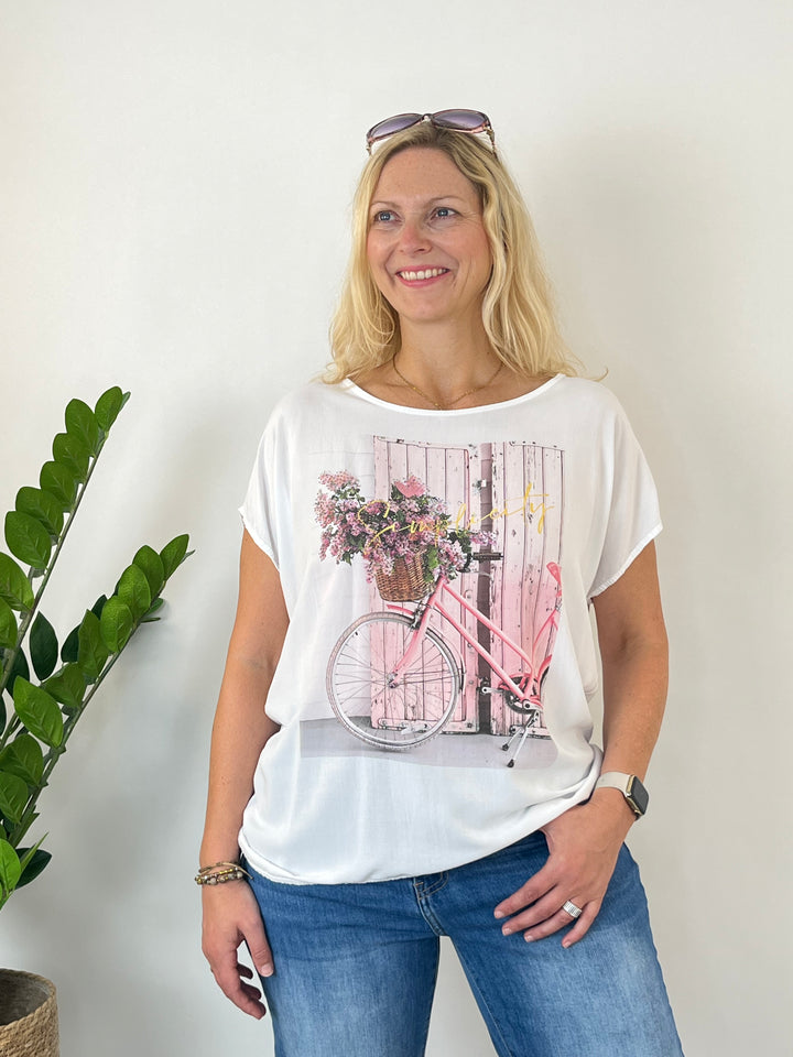 Shirt Flower Bike mit Glitzersteinchen, weiß-rosa von Bella Vita - Mode &amp; Lifestyle