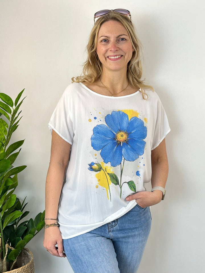 Shirt „Flower“ mit Glitzersteinchen, blau von Bella Vita - Mode &amp; Lifestyle