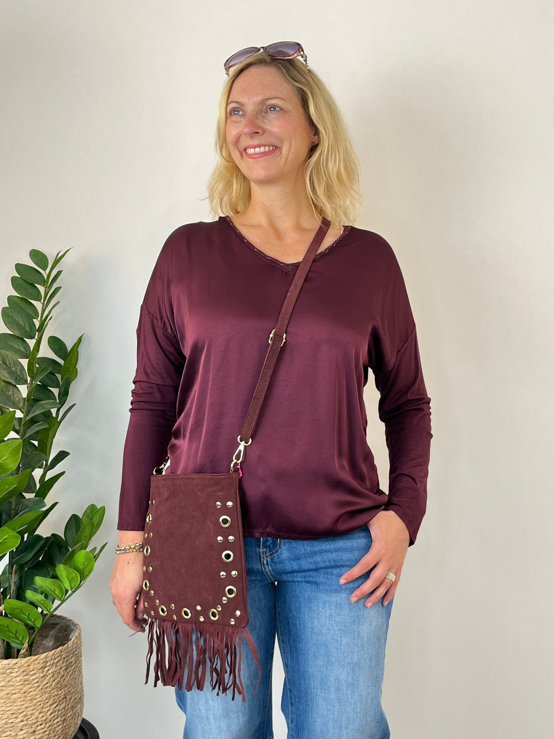 Bordeaux Bluse mit seidigem Brustbereich und weiten Ärmeln