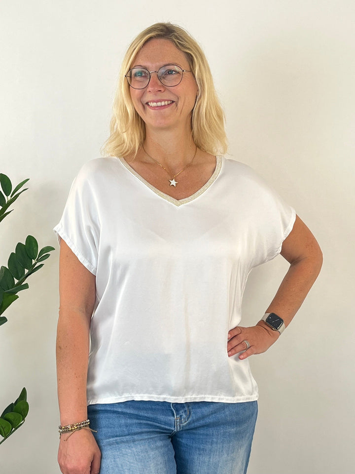 Shirt mit Seidenanteil, V-Ausschnitt Weiß One Size von Bella Vita - Mode &amp; Lifestyle