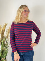 Bordeaux- und marineblauer Viskose-Woll-Streifenpullover, Frontalansicht