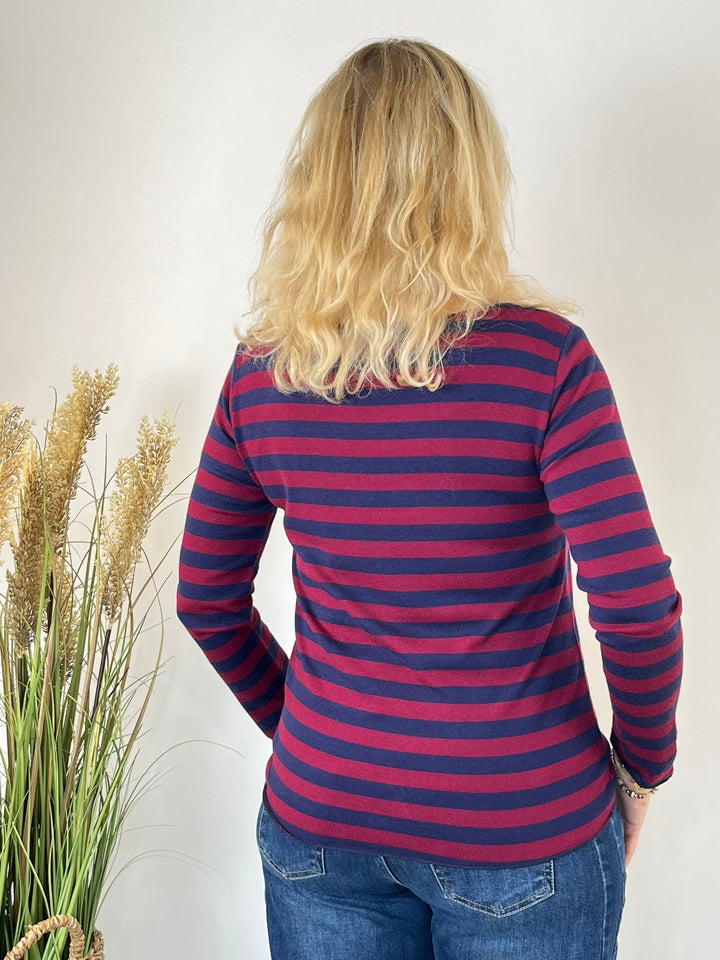 Bordeaux- und marineblauer Streifenpullover mit Rundhalsausschnitt, Rückansicht