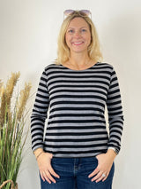 Grau-schwarz gestreifter Strickpullover mit Rundhals und weicher Viskose-Wollmischung