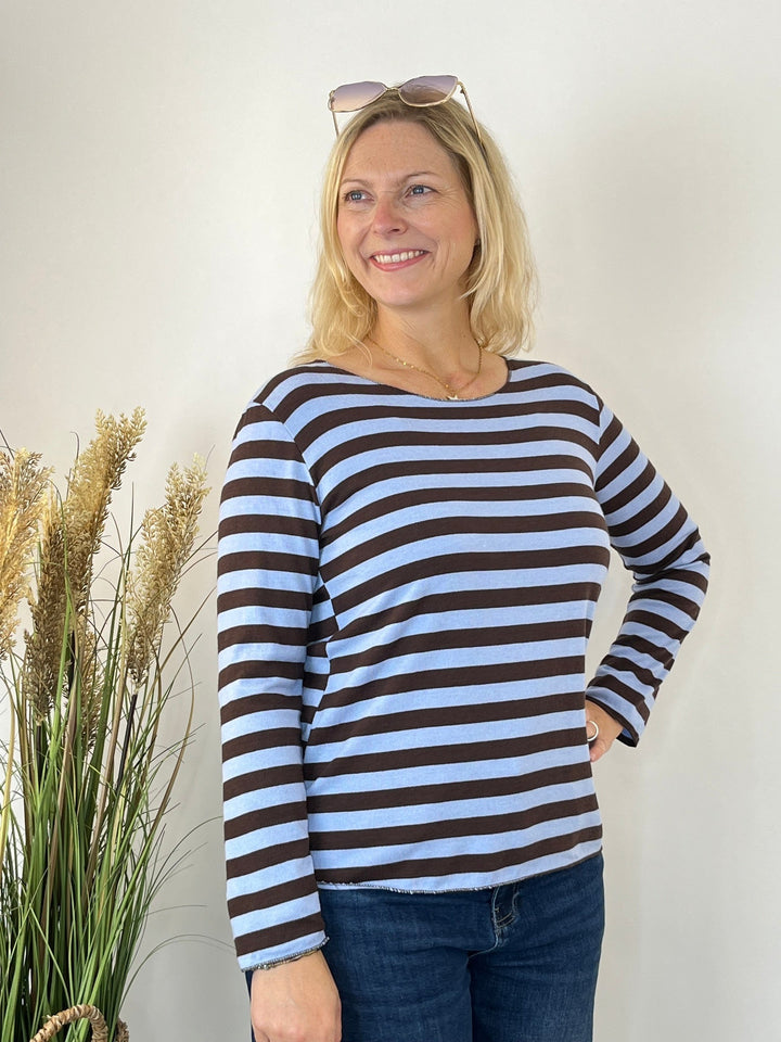 Strickpullover in Hellblau mit horizontalen Streifen und weicher Passform