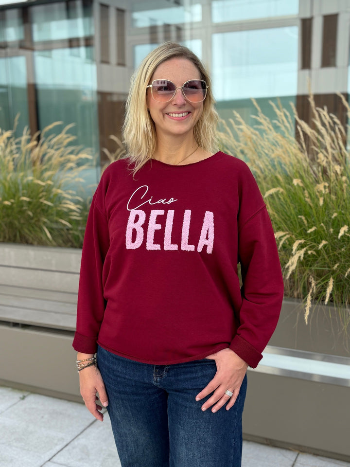 Bordeauxroter Ciao Bella Sweater mit Applikation, lässige Passform
