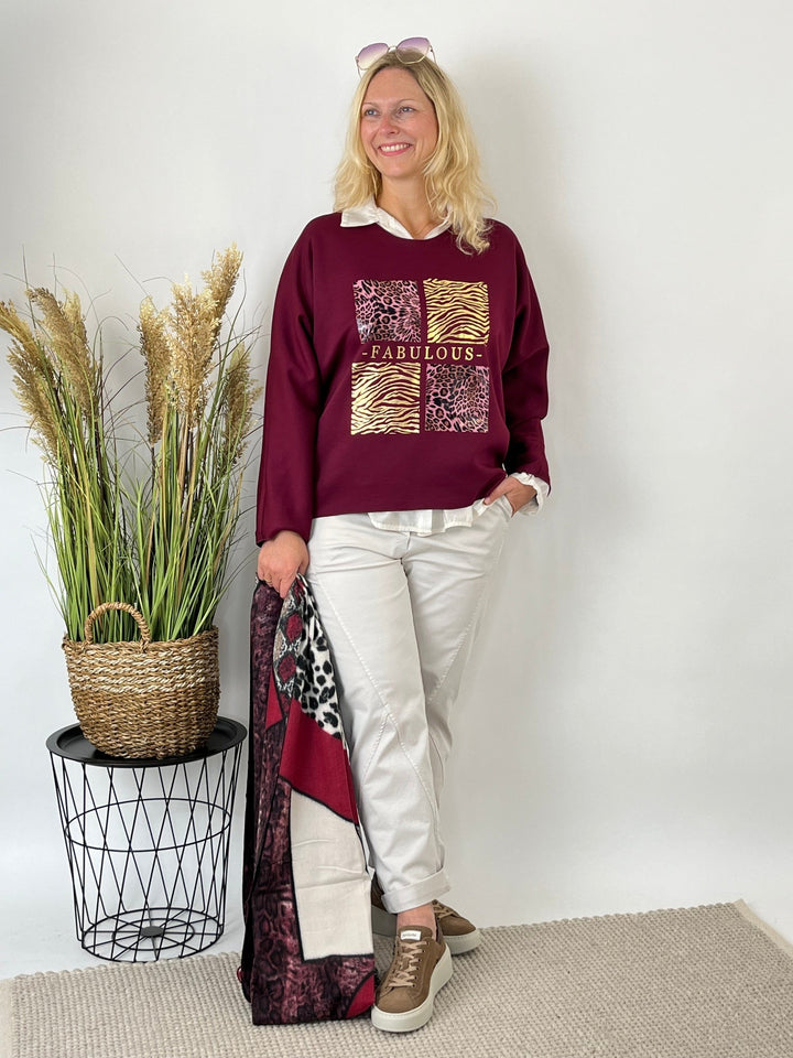 Bordeauxroter Sweatshirt mit langem Ärmel und metallischem Tierprint