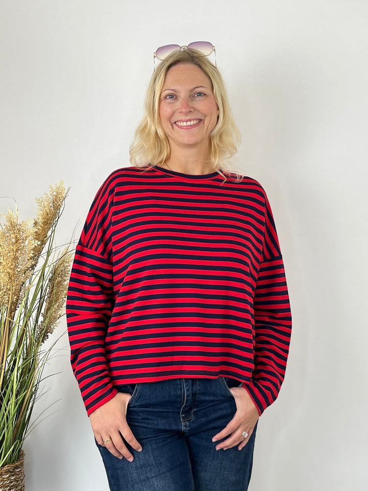 Rot-mariner Oversize-Streifen-Sweater mit überschnittenen Schultern
