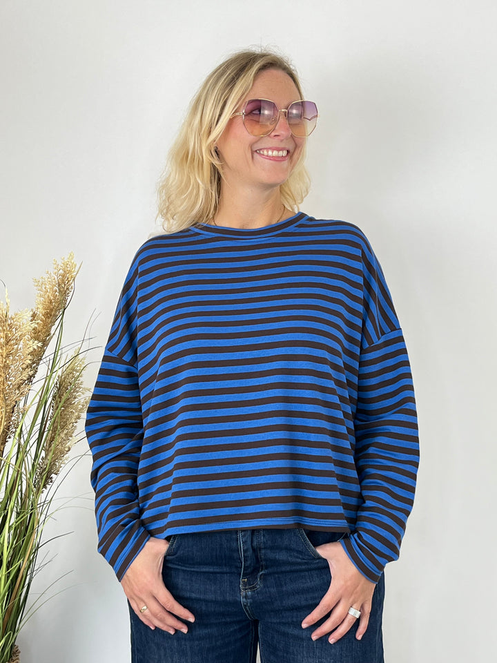 Royalblauer Happy Stripes Sweater mit überschnittenen Schultern